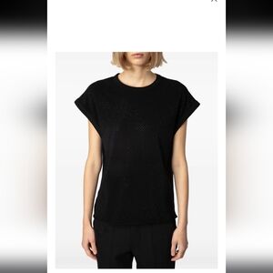 Zadig&Voltaire Cecilia crystal-embellished Blk T-shirt Women's Sz M/L Cotton